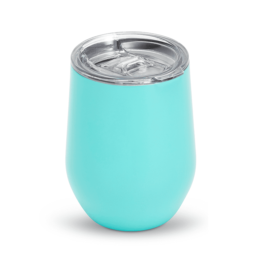 A drink bottle featuring a sleek turquoise design with a clear lid and a logo on the side.