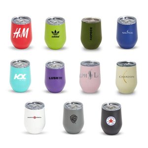 A collection of Zen Mirror Finish Mugs in various colours, featuring an assortment of logos.