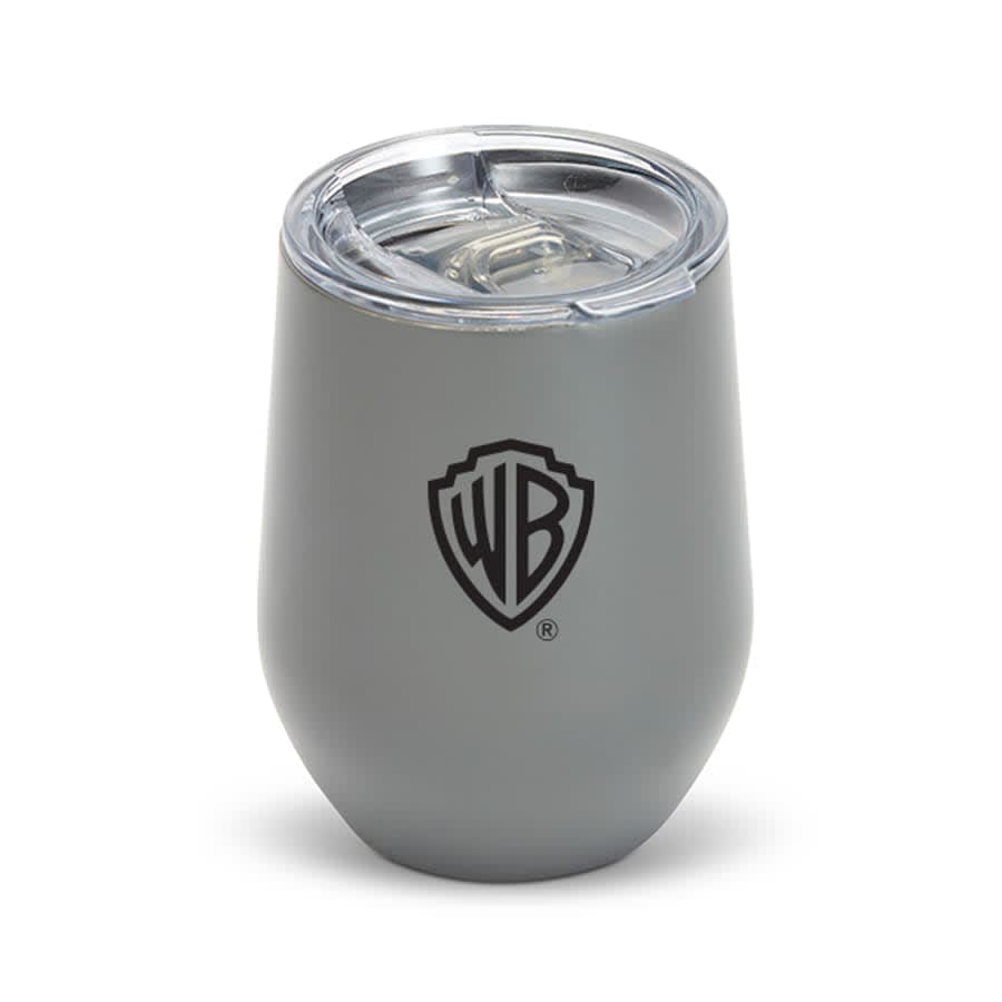 A drink mug with a zen mirror finish in grey, featuring a transparent lid and a logo.