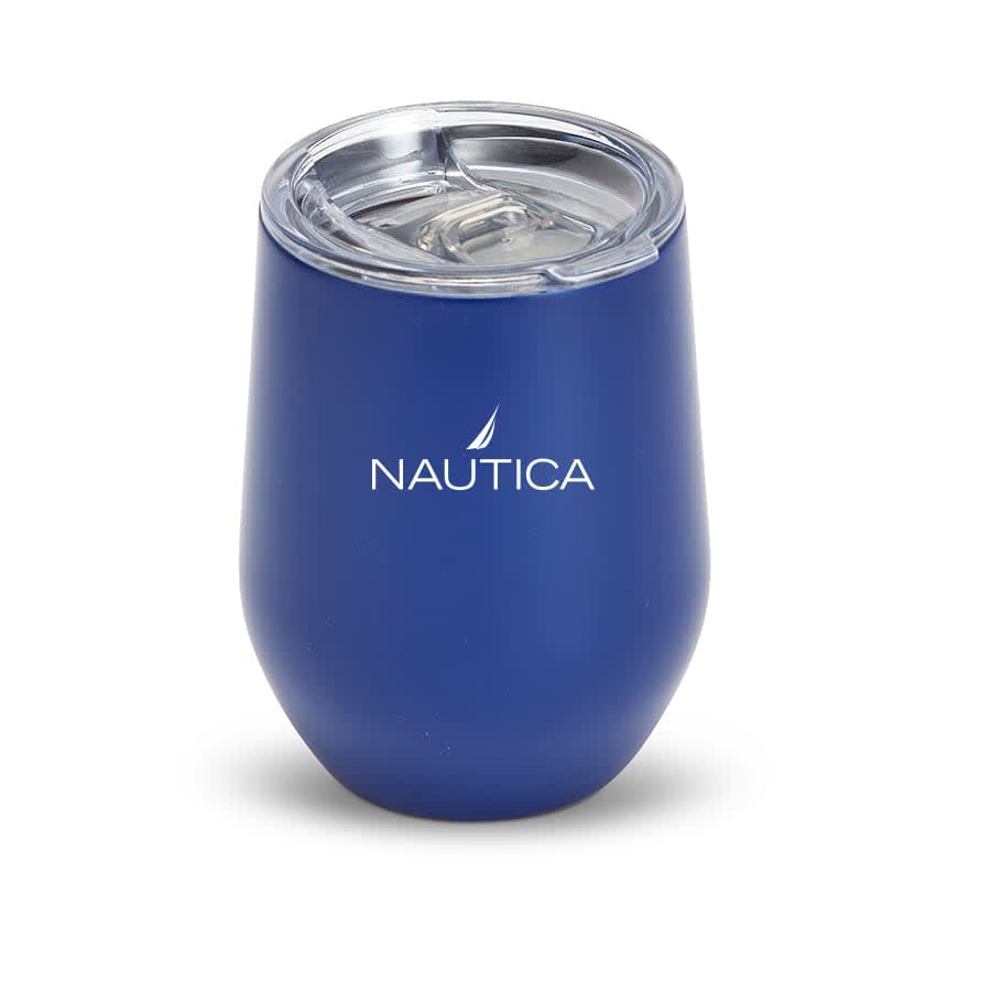 A drink bottle with a navy blue finish and a clear lid, featuring a logo on the front.