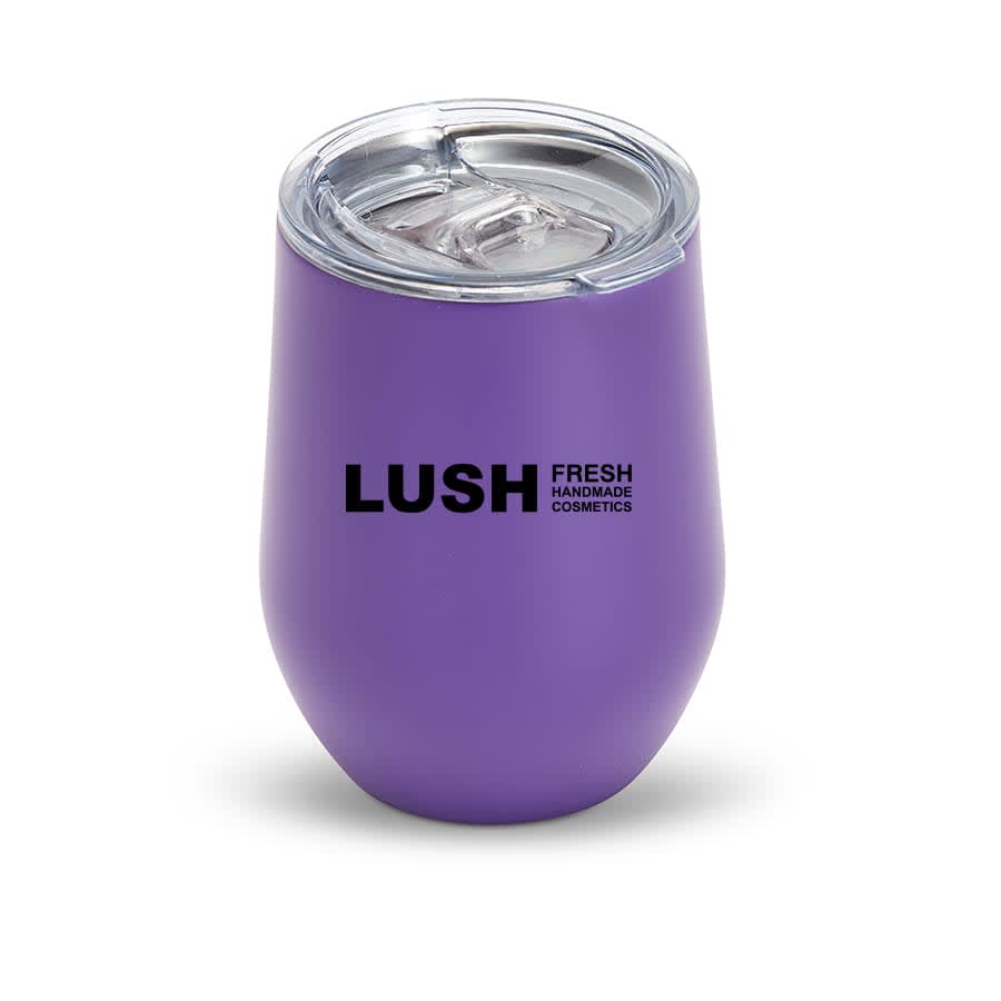 A purple drink tumbler with a clear lid, featuring a branding logo on the surface.