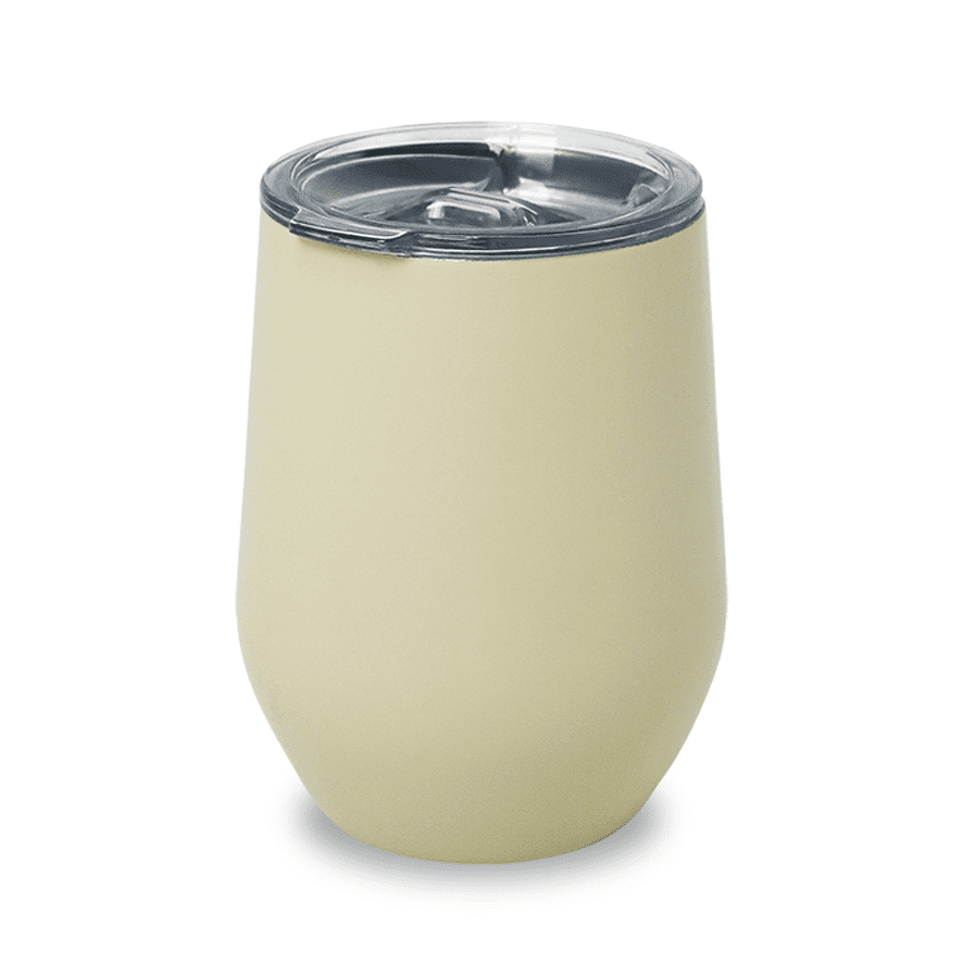 A drink bottle featuring a muted yellow exterior and a clear lid. It has a logo on the surface.