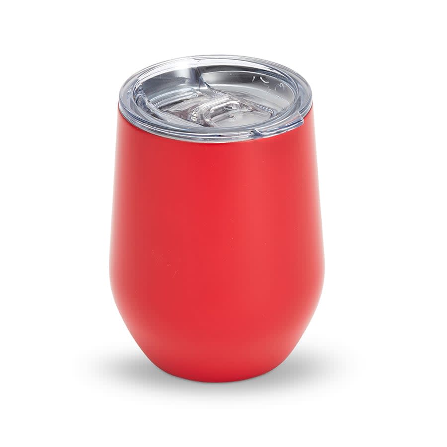 A red Zen Mirror Finish mug with a clear lid, featuring a sleek, rounded design.