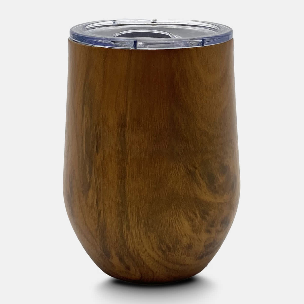 A drink bottle with a wood-like finish, featuring a clear lid, ideal for beverages.
