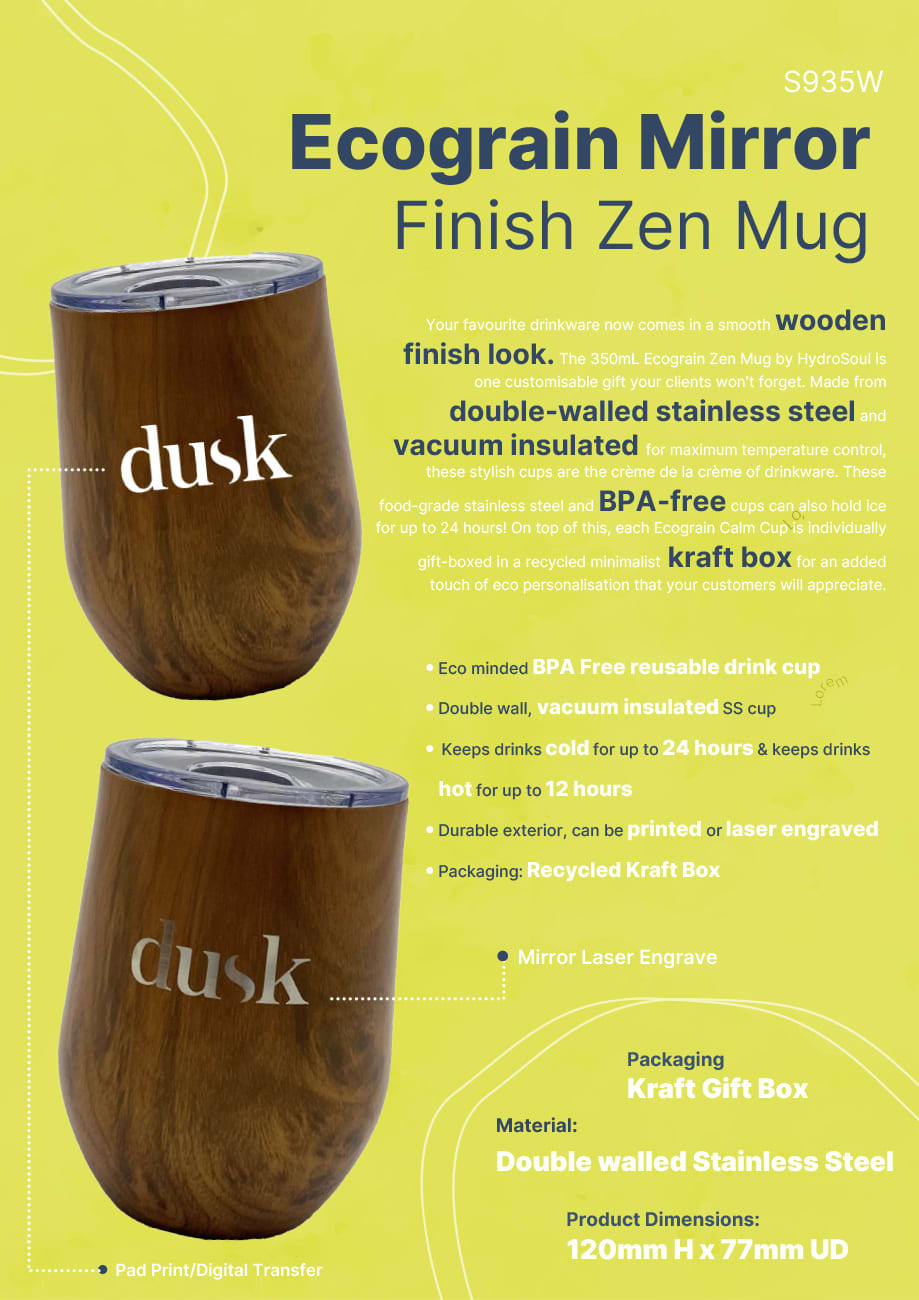 A drink bottle featuring a wooden finish, double-walled stainless steel, and a laser-engraved design in dusk colour.