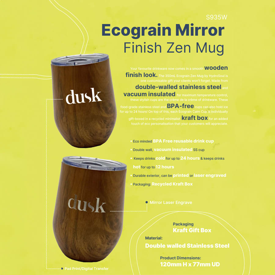 A drink mug in a wood finish with a logo, featuring double-walled stainless steel and a vacuum-insulated design.