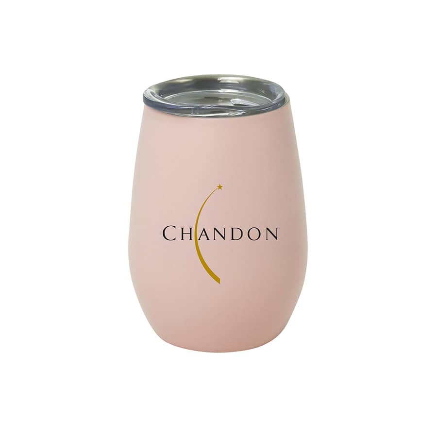 A drink bottle in a soft pink colour with a stainless steel lid and a logo. Ideal for beverages.