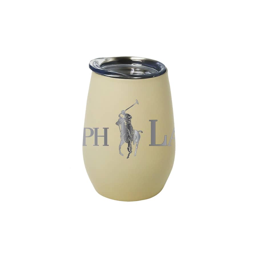 A drink bottle in pale yellow, featuring a metal lid and a logo, designed for beverages.