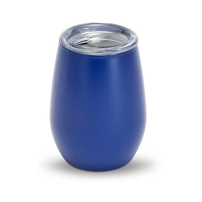 A drink bottle in a deep blue colour with a clear lid, featuring a smooth surface and a rounded shape.
