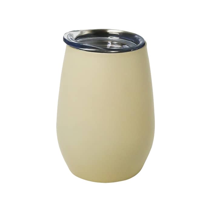 A drink bottle in a soft yellow hue with a stainless steel lid and a sleek, contoured design. It features a logo.