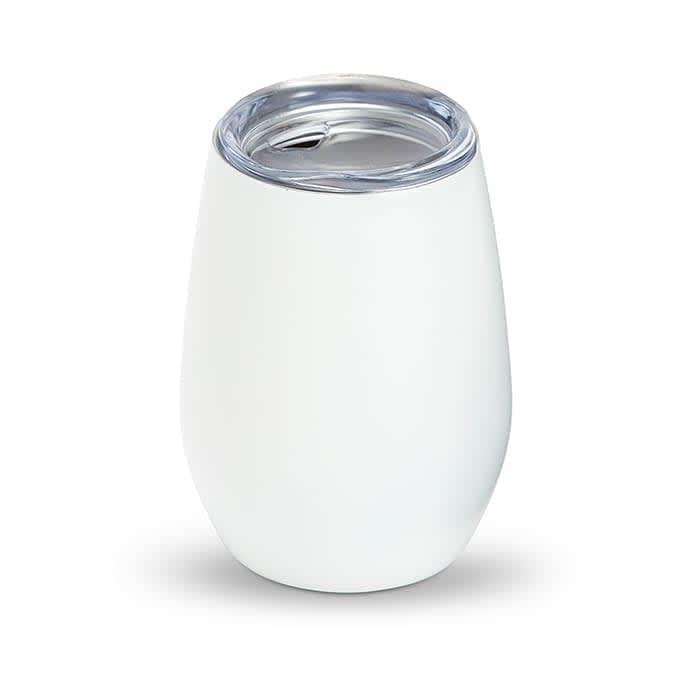 A drink cup in white with a clear lid, designed for beverages. Features a simple, modern shape.