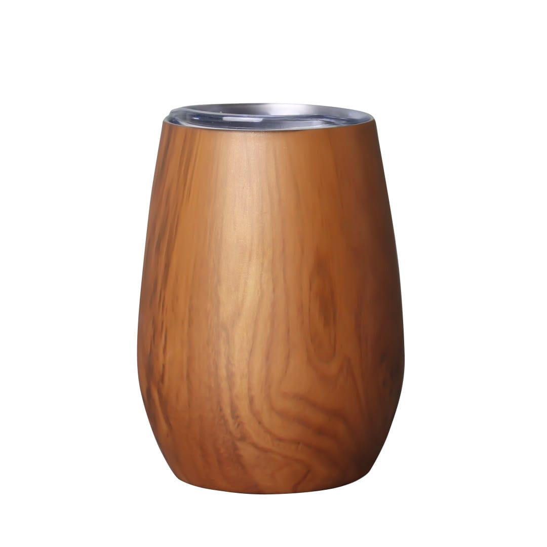 A drink bottle in a wood finish with a stainless steel lid, featuring a logo on its surface.