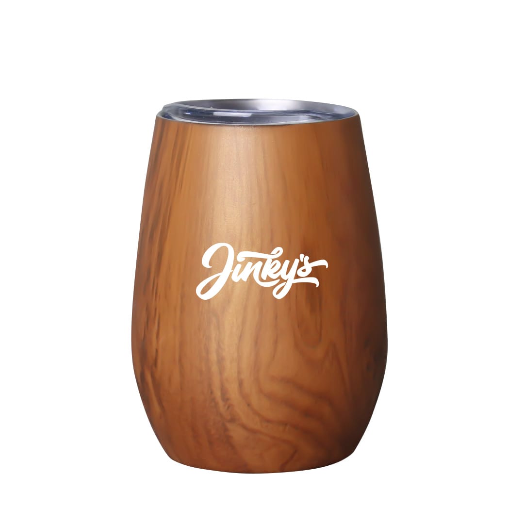 A drink bottle with a wooden finish and a silver lid, featuring a logo on the front.