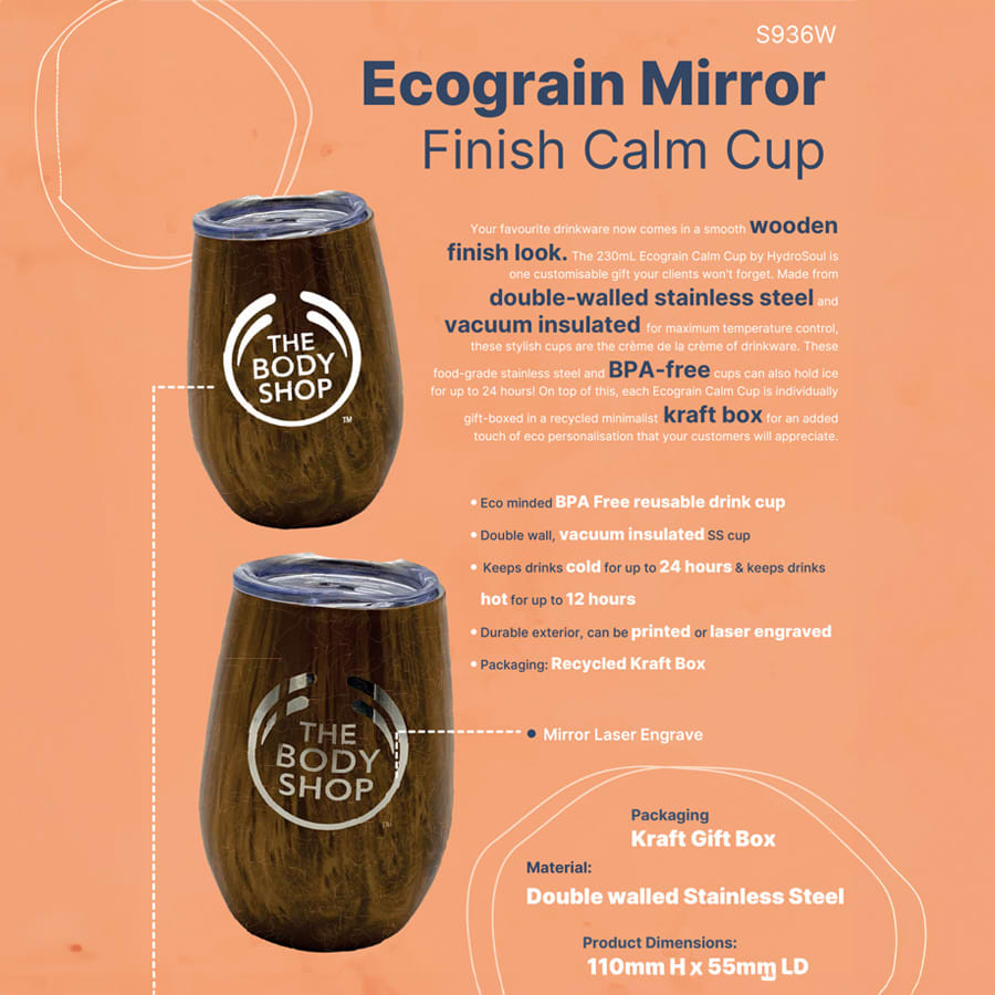 A drink cup with a wooden mirror finish, stainless steel interior, featuring a logo and packaged in a kraft gift box.