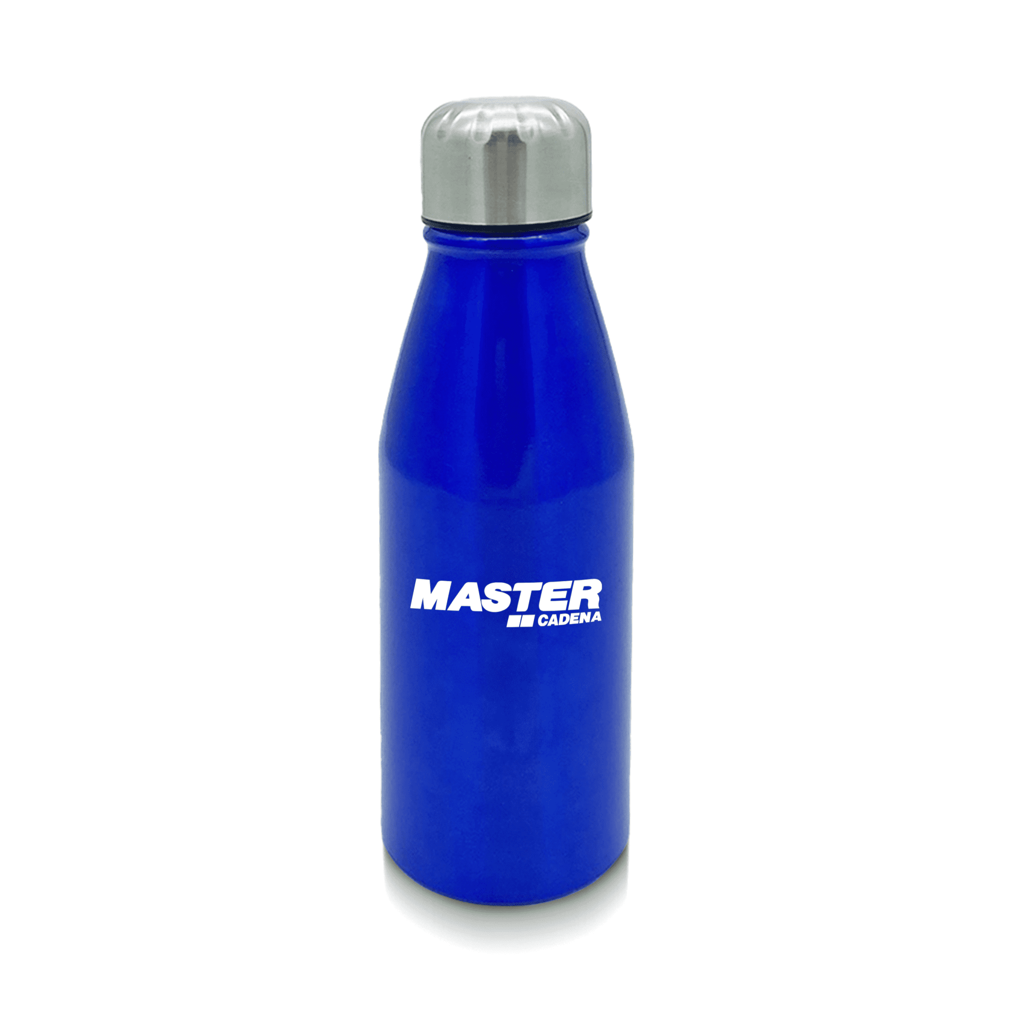 A drink bottle in bright blue aluminium with a stainless steel lid and a branding logo.