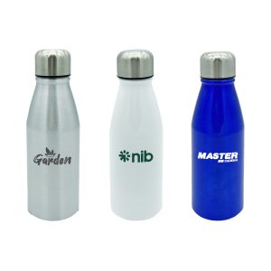A drink bottle collection featuring a stainless steel, a frosted white, and a blue aluminium water bottle, each with a lid and logo.
