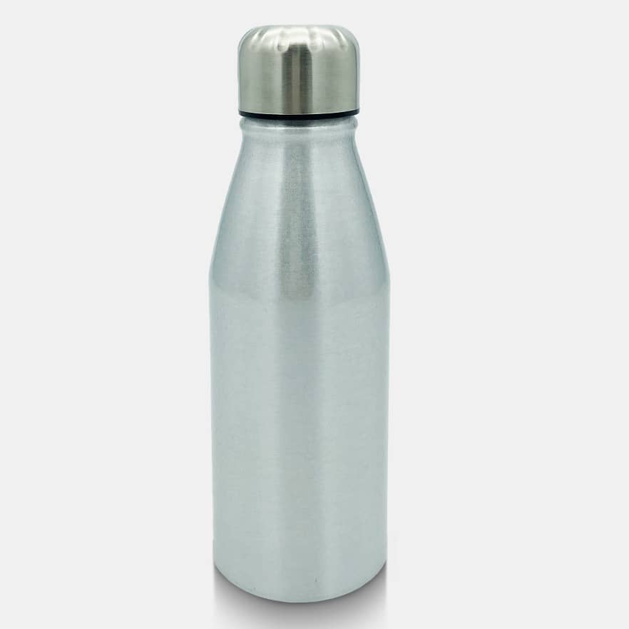 A drink bottle made of stainless steel with a silver finish and a rounded metal cap. It features a logo.