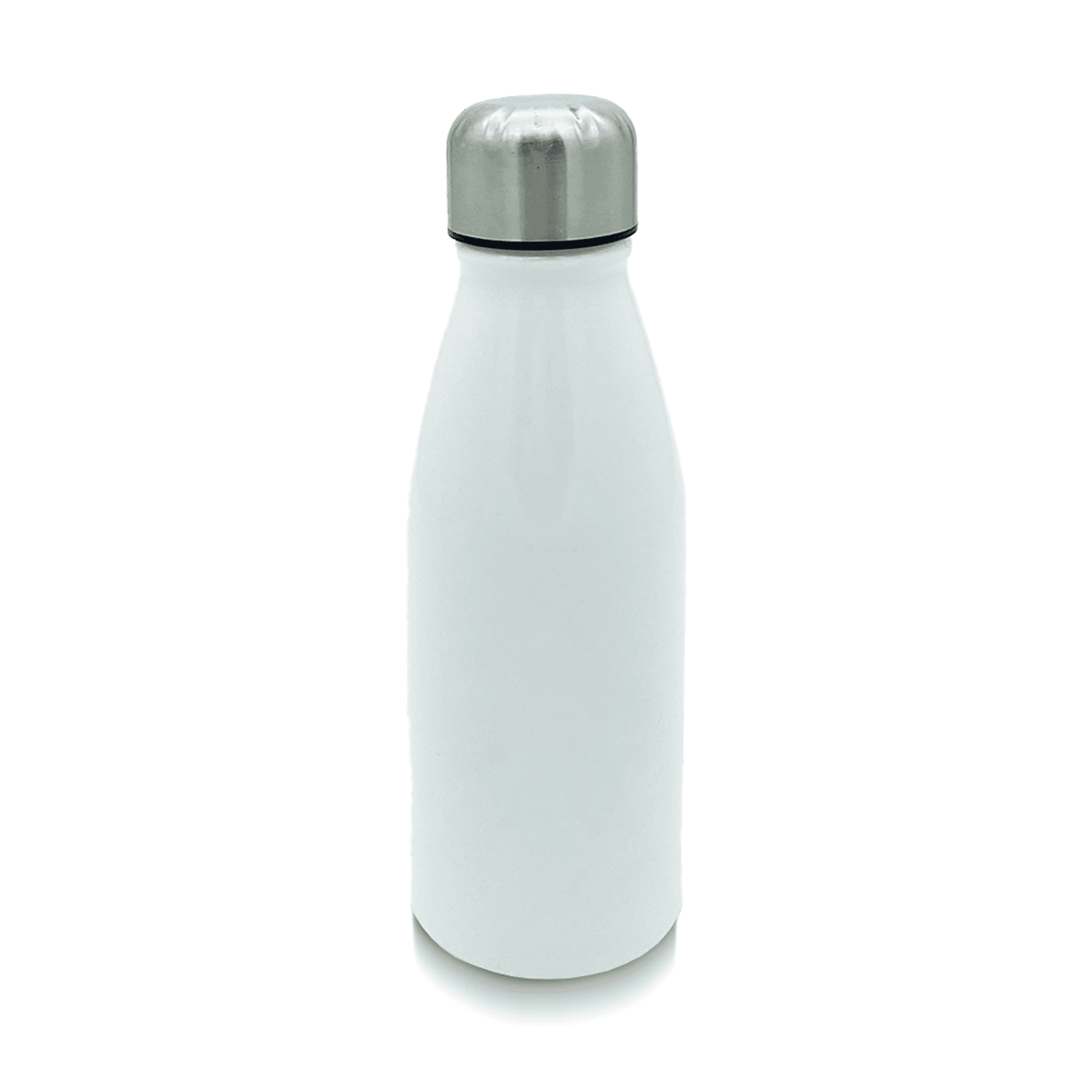 A drink bottle in white aluminium with a stainless steel lid and a logo on its surface.