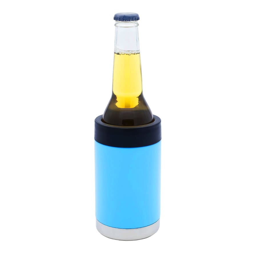 A drink bottle cooler in light blue with a black top, designed to hold stubby bottles securely.