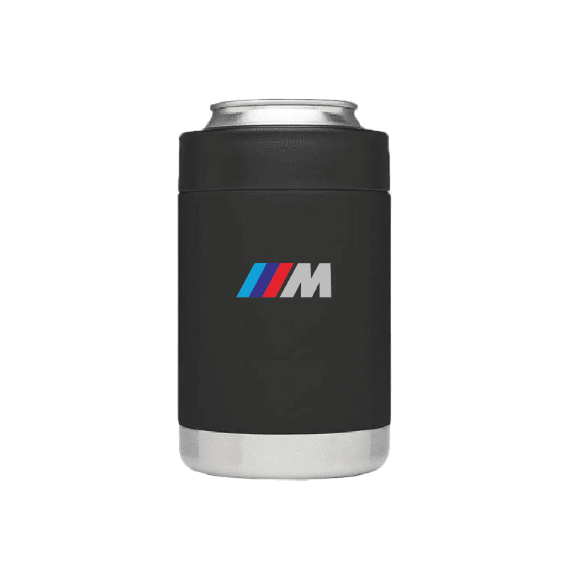 A black stubby cooler with a silver base, featuring a branded logo on the front.