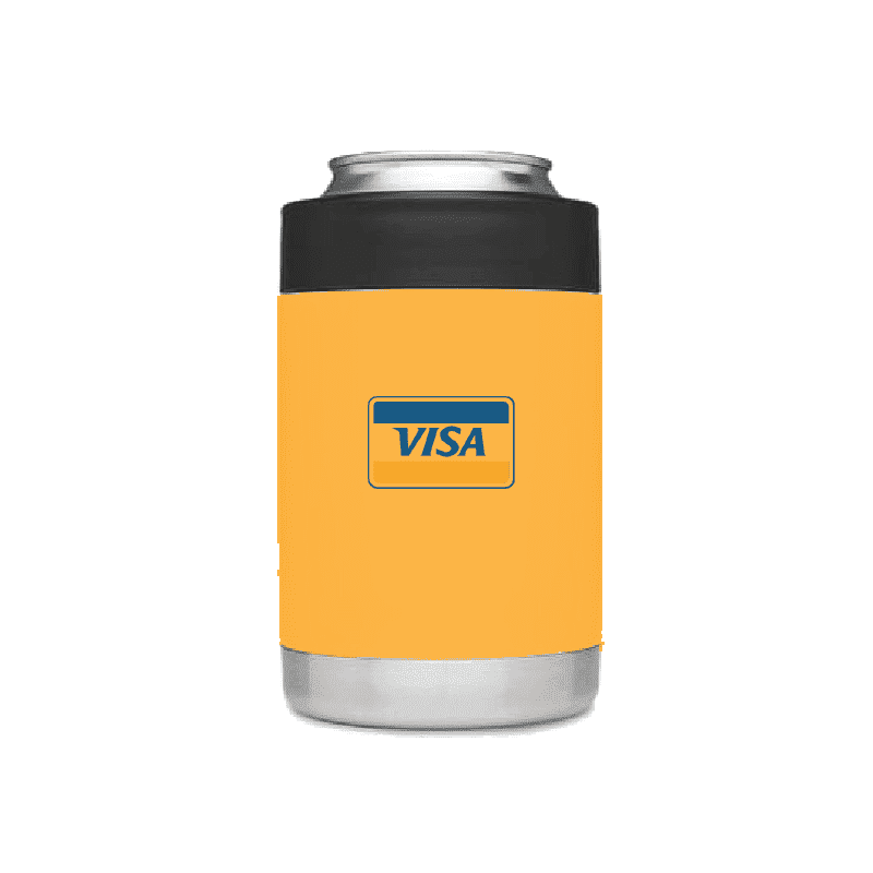 A stubby cooler in bright yellow with a black base, featuring a logo on the front.