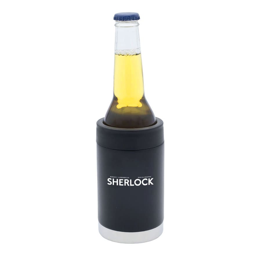 A stubby cooler in black with a silver base, holding a beer bottle. It features a logo.