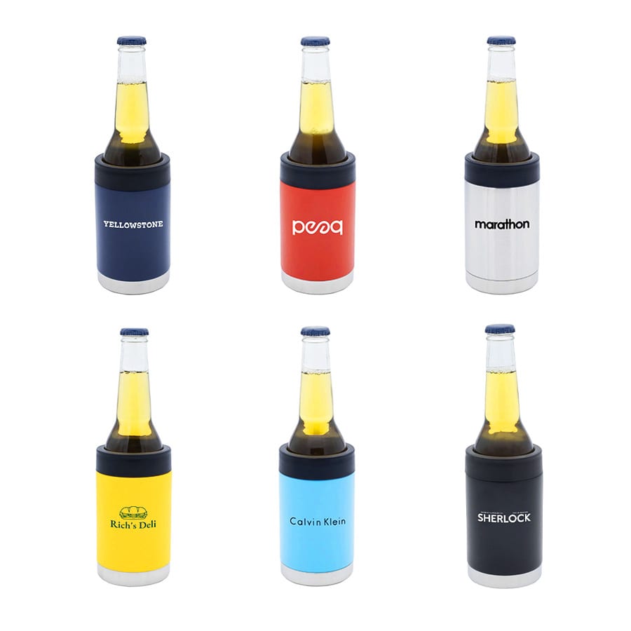 A selection of six stubby coolers in various colours, each holding a drink bottle and featuring logos.
