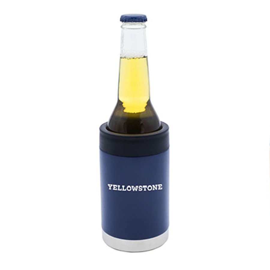 A drink bottle cooler in navy with a silver base, designed to hold a bottle securely. Features a logo.