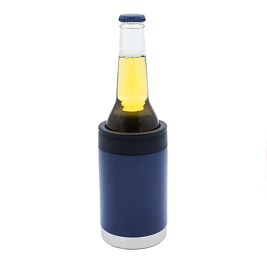 A drink bottle holder in navy with a silver base, designed to keep beverages cool.