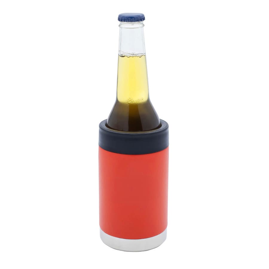 A stubby holder in bright red and black, with a beverage bottle inside. It features a logo on the front.