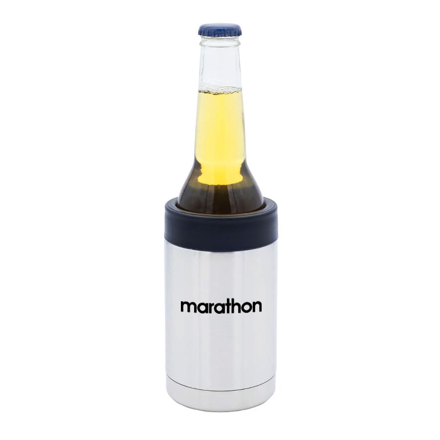 A stainless steel stubby cooler with a black top, holding a beer bottle. It features a logo on the front.