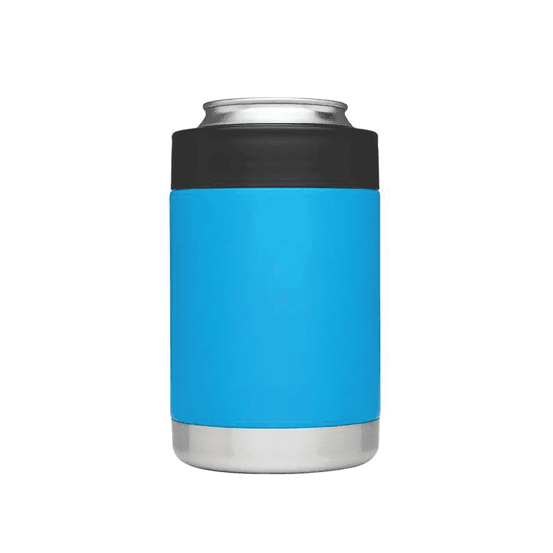 A drink bottle featuring a vibrant blue exterior with a black top and a stainless steel base, designed as a stubby holder.