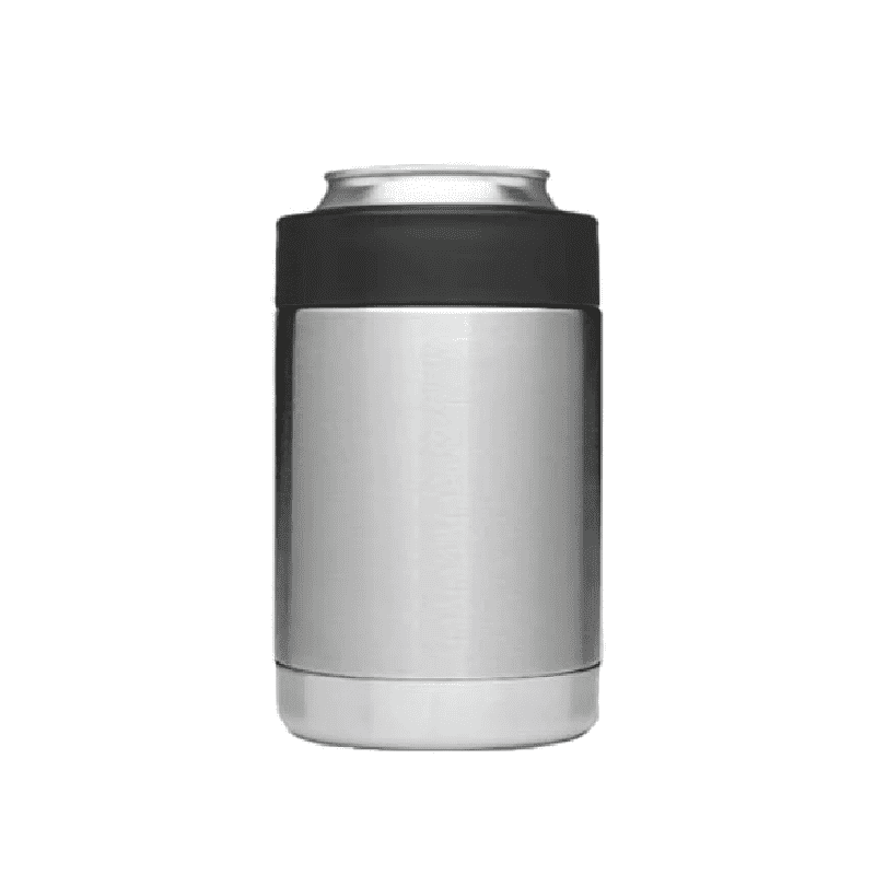 A stainless steel stubby cooler with a black silicone band, featuring a logo. Ideal for keeping drinks cold.