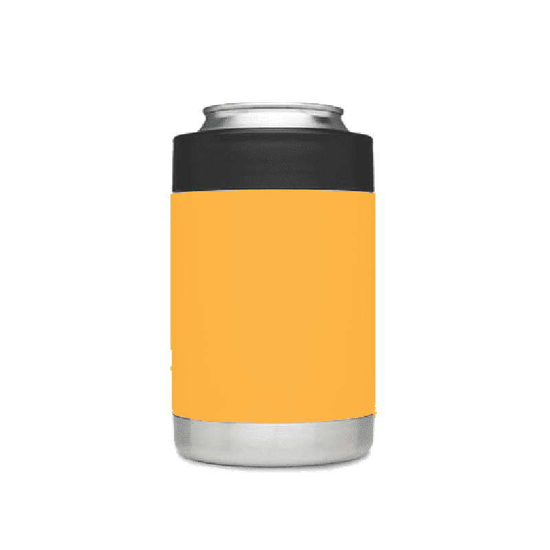 An orange stubby cooler with a black top, designed for holding drinks.