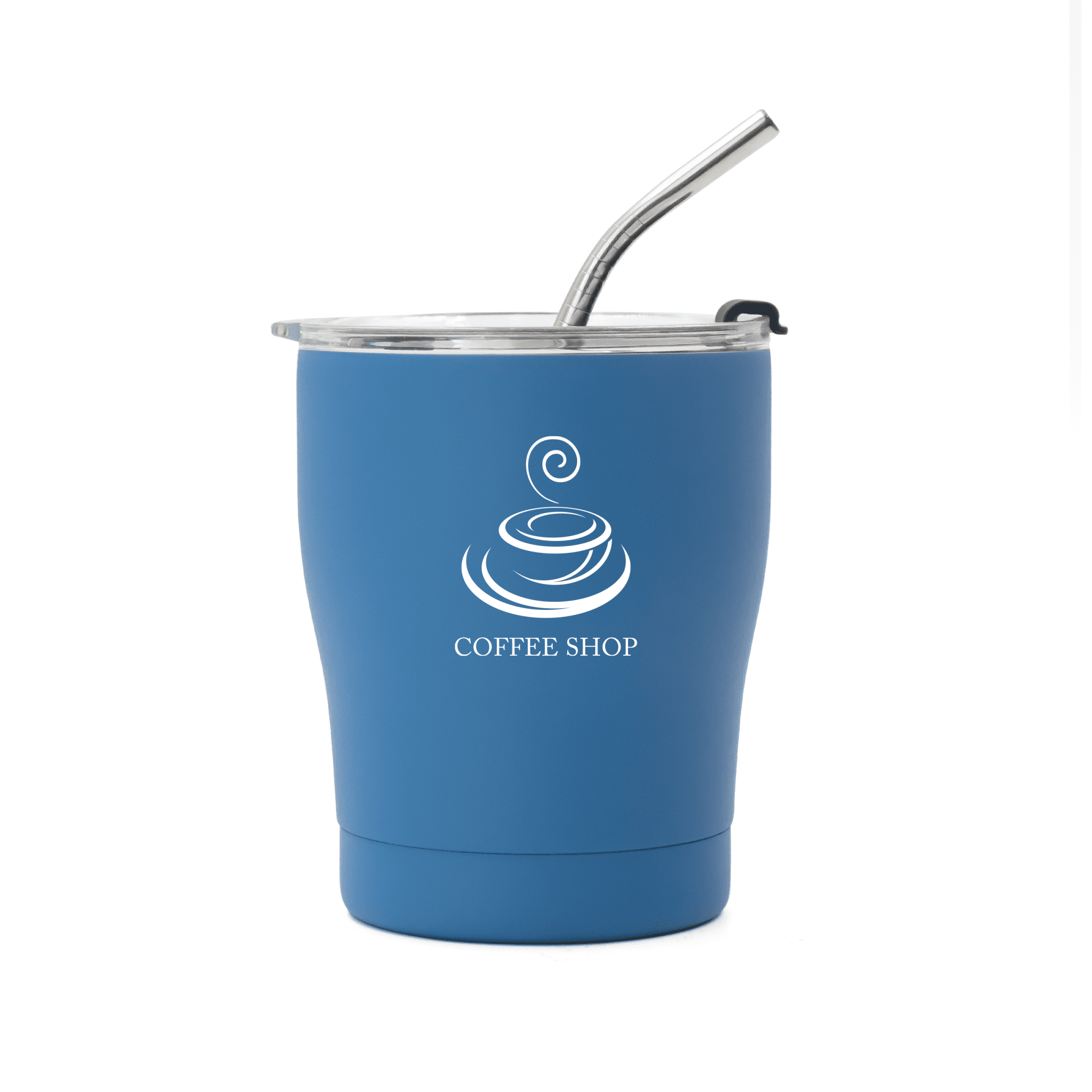 A drink bottle featuring a blue exterior, stainless steel straw, and a clear lid, with a logo on the front.