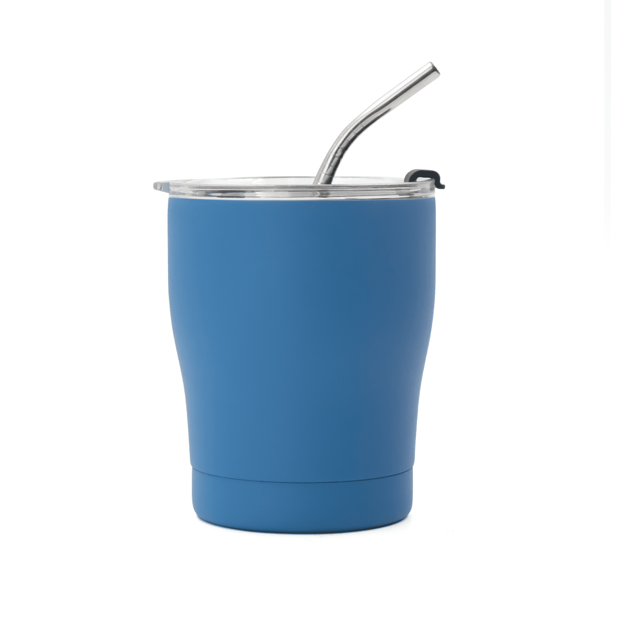 A drink bottle in a vibrant blue colour with a stainless steel straw and a clear lid, featuring a logo.