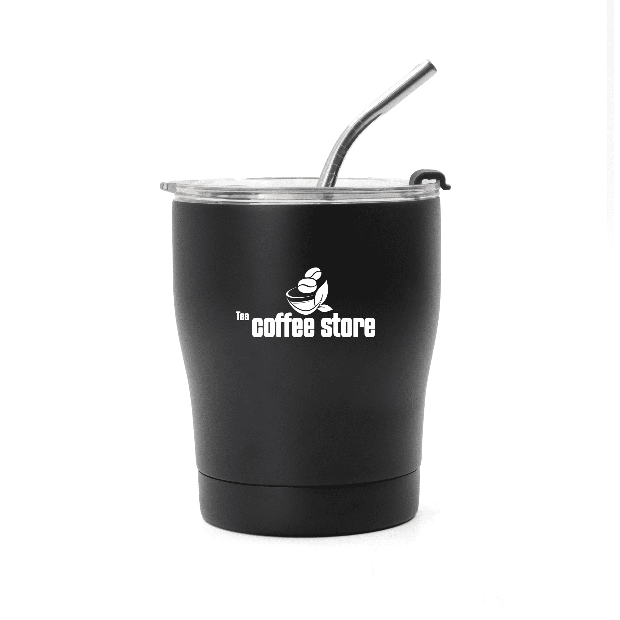 A drink bottle in matte black with a straw and a logo, ideal for beverages on the go.