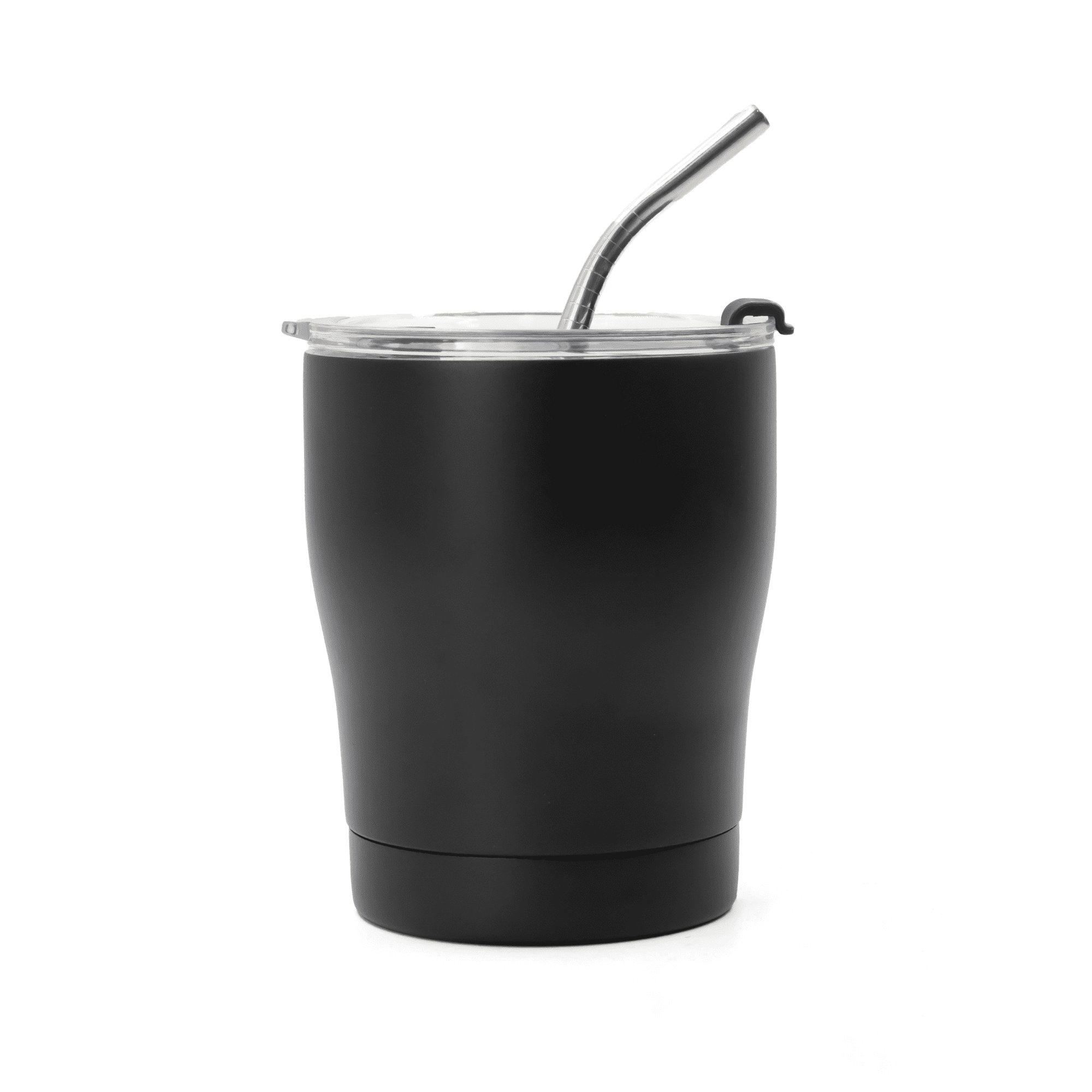 A drink bottle in matte black with a clear lid and metal straw, featuring a branding logo.
