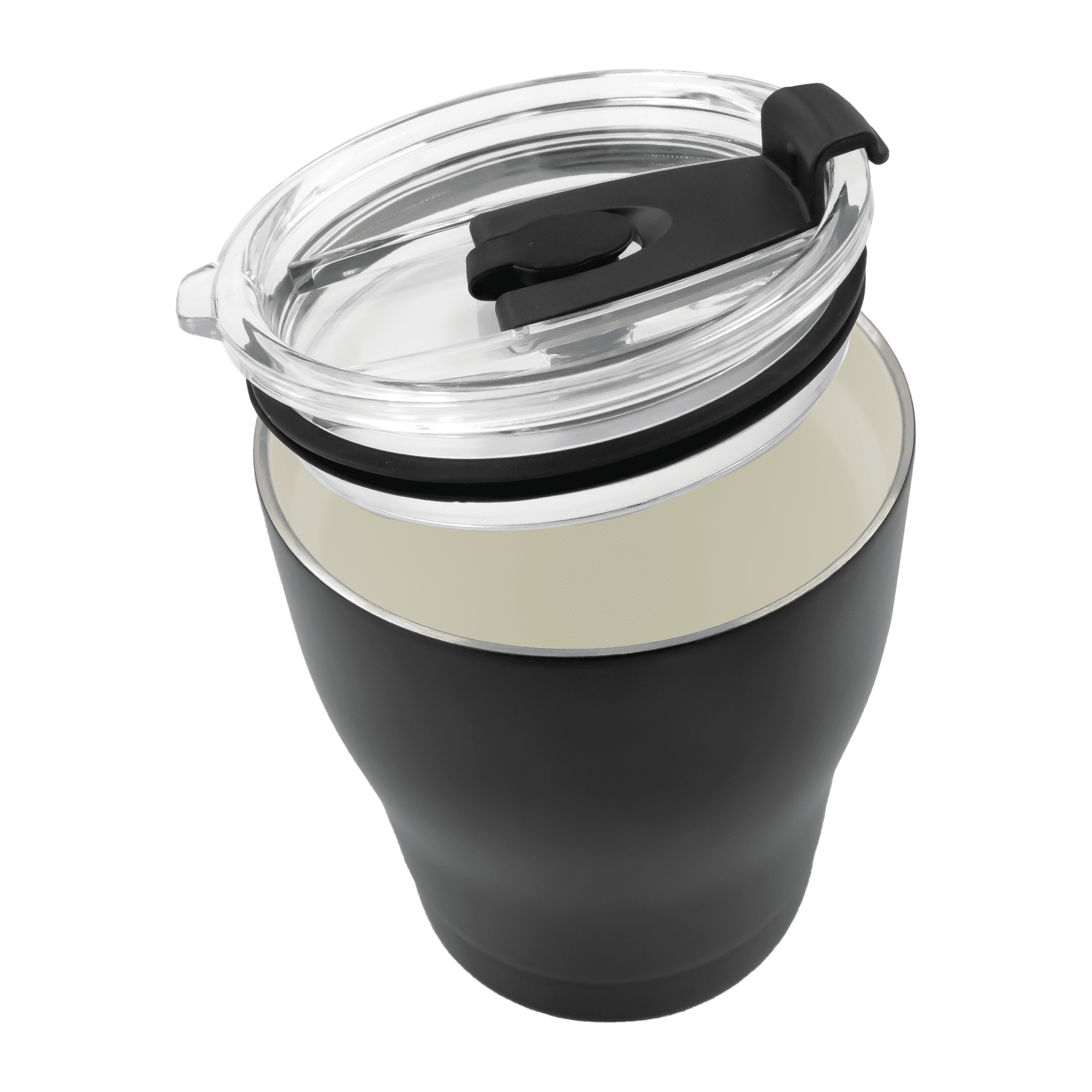 A drink bottle featuring a black exterior and a clear lid, ideal for beverages on the go.