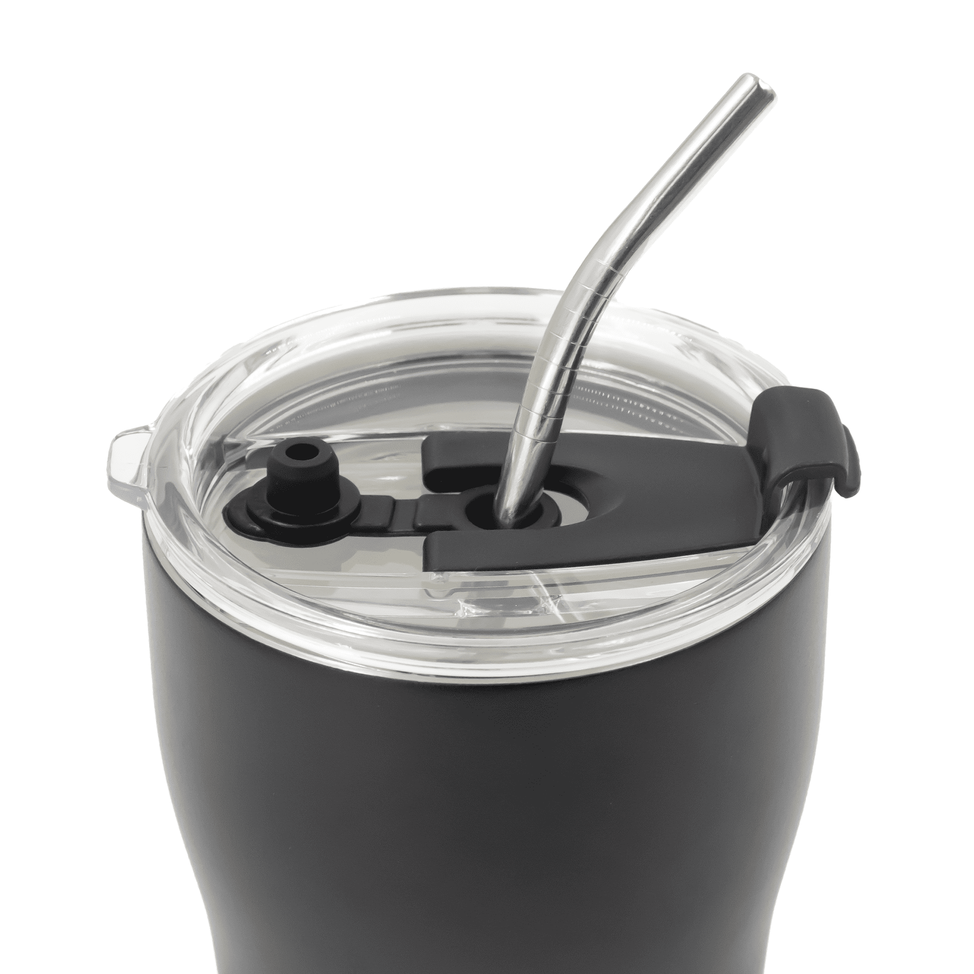 A drink bottle in matte black with a clear lid and stainless steel straw, featuring a logo.