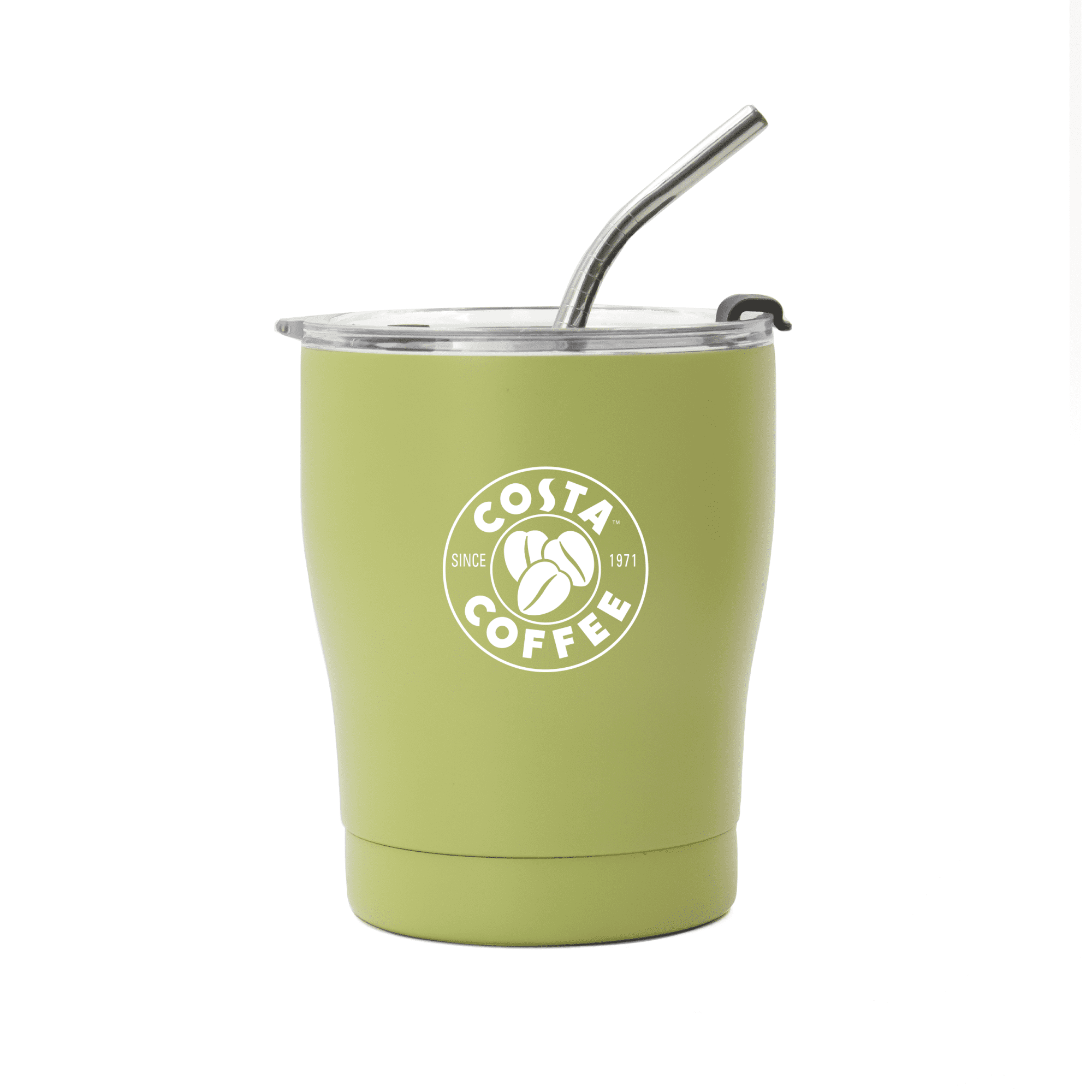 A drink bottle in olive green with a clear lid and stainless steel straw, featuring a logo on the front.