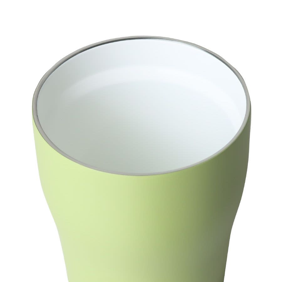 A drink bottle in a light green colour with a white interior and a silver rim. It features a logo.