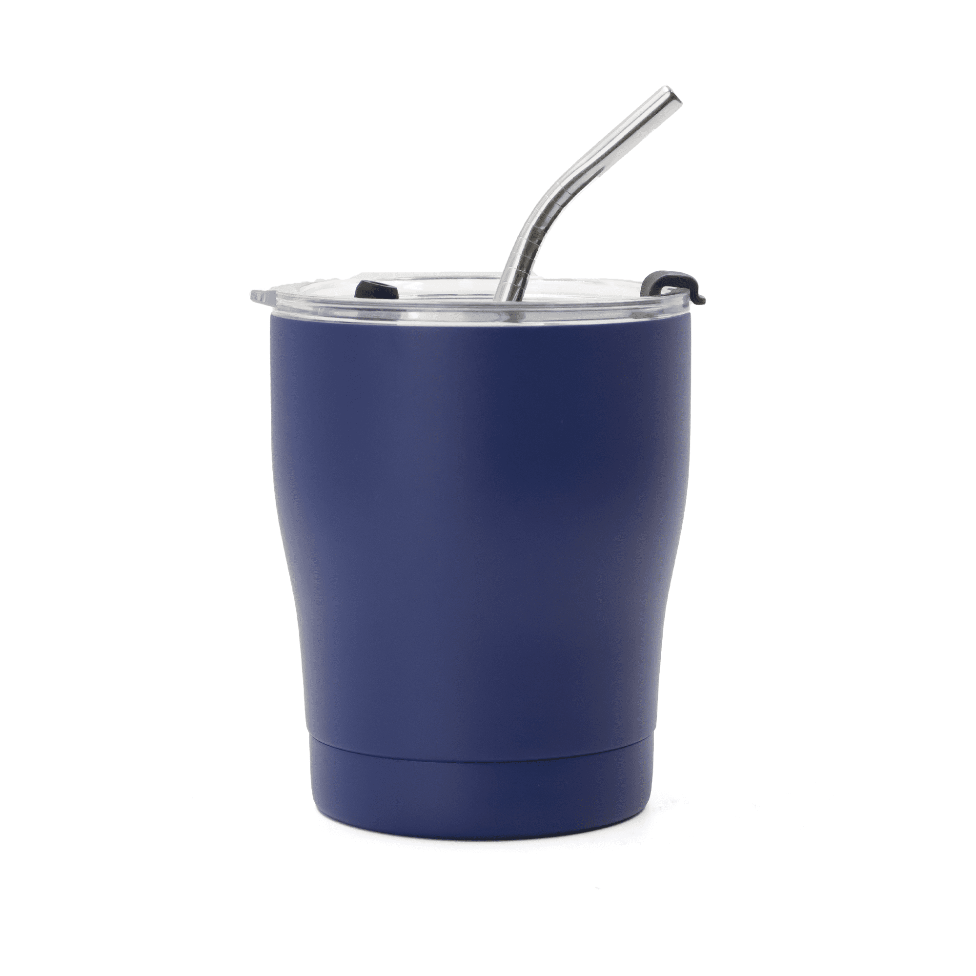 A drink bottle featuring a navy exterior, a clear lid, and a metal straw, designed for on-the-go use.