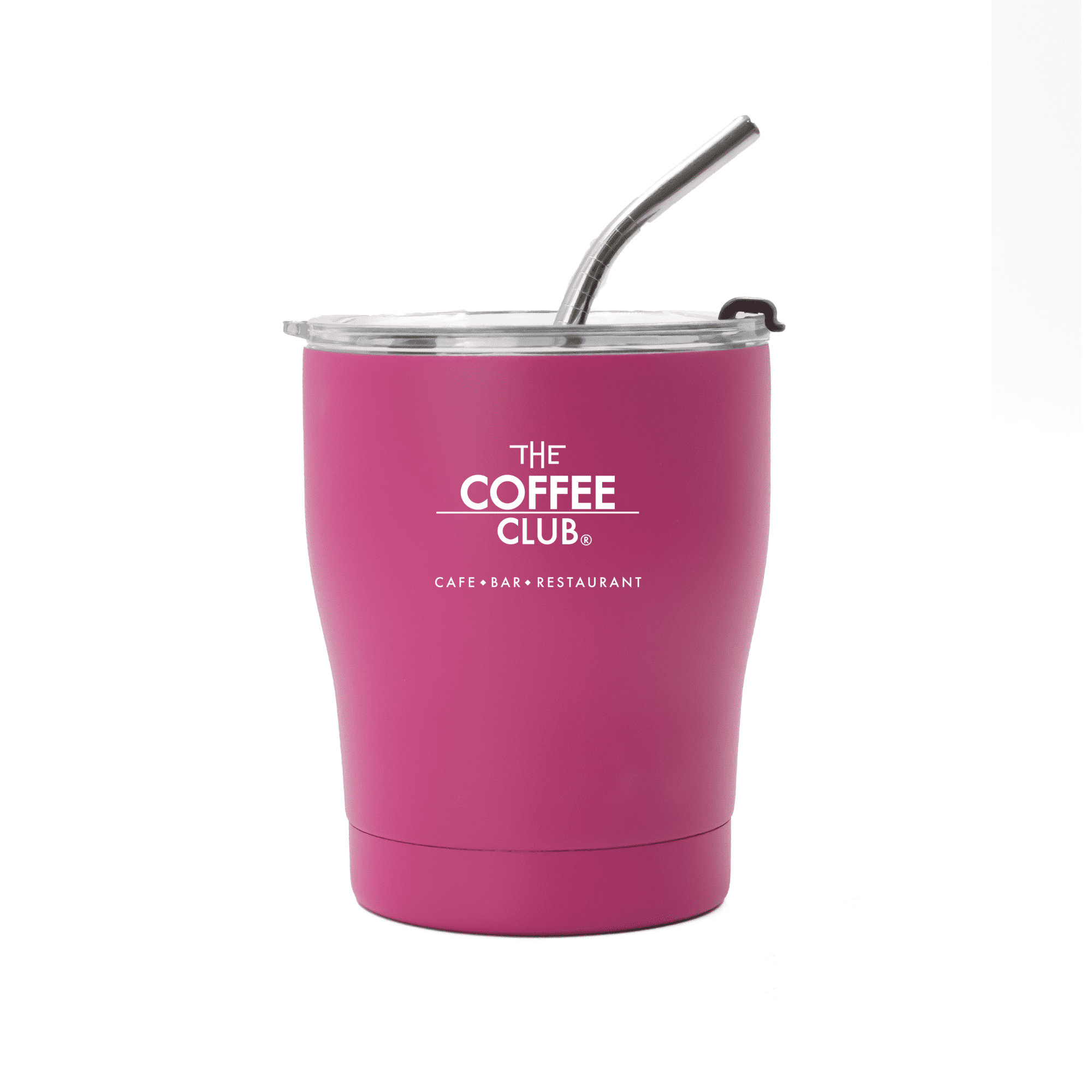 A drink bottle in pink with a clear lid and a metal straw. It features a logo on the front.