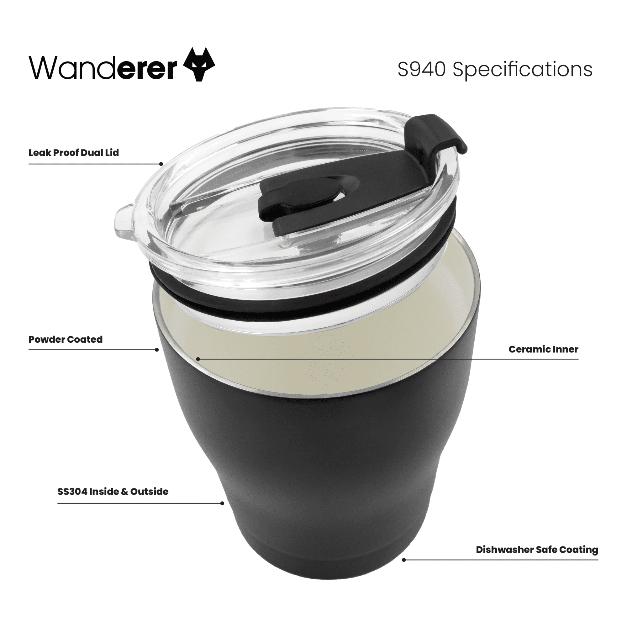 A drink bottle featuring a black exterior, clear lid, and ceramic inner, with a logo on the side.