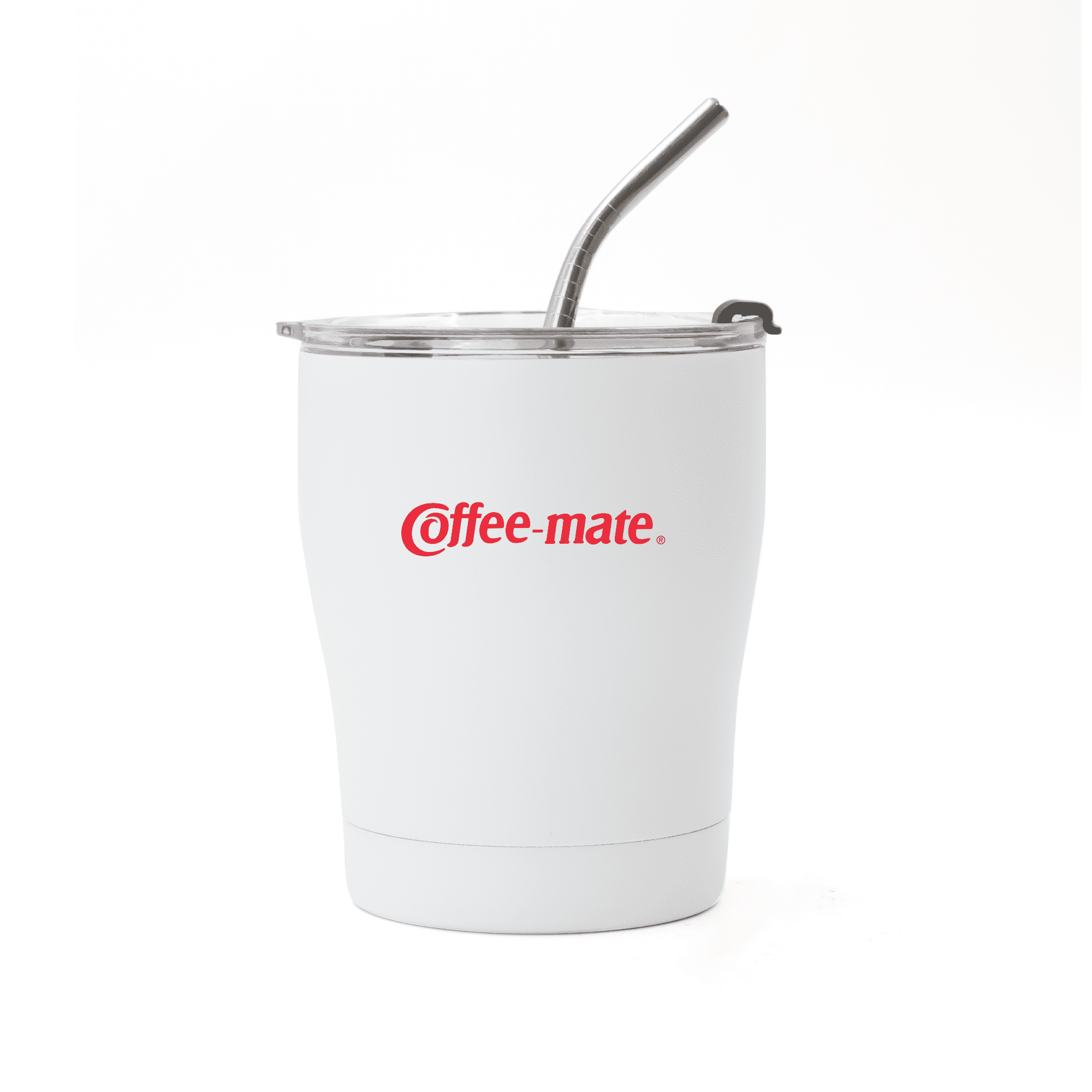 A drink bottle with a white exterior, featuring a clear lid and straw, and has a logo on its side.