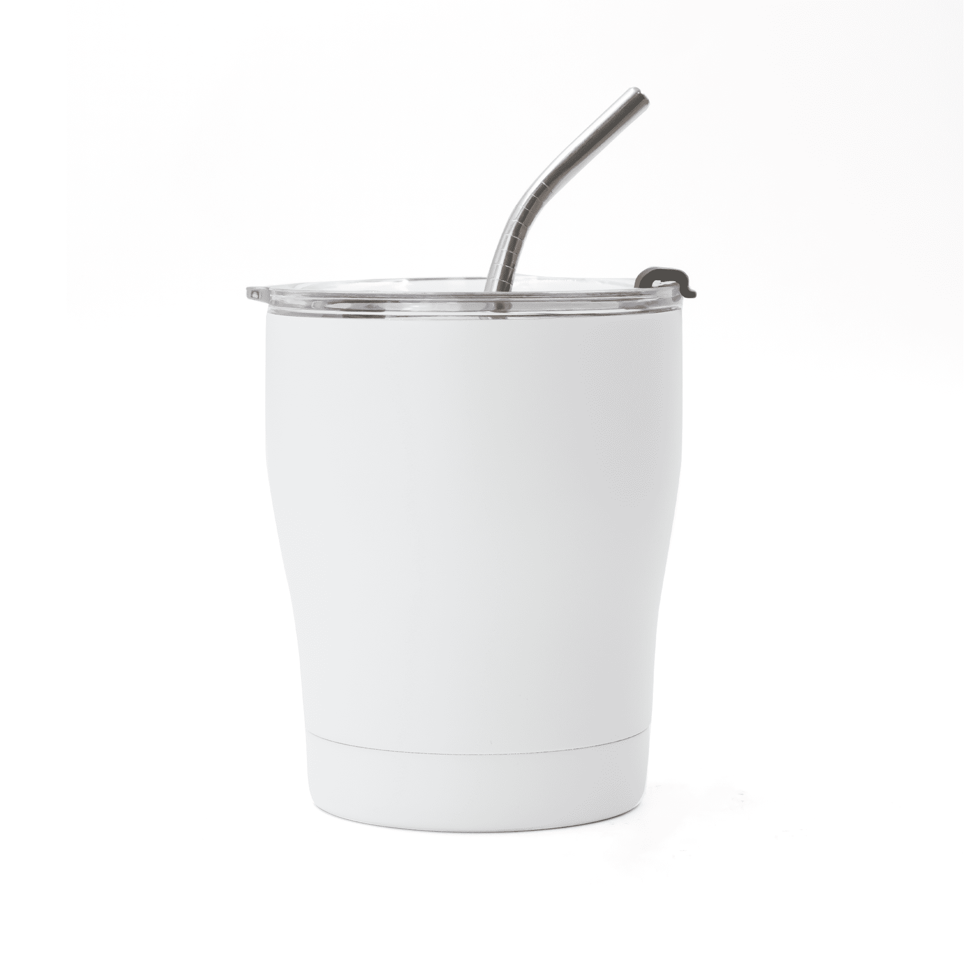 A drink bottle in white with a clear lid and stainless steel straw, featuring a logo on the surface.