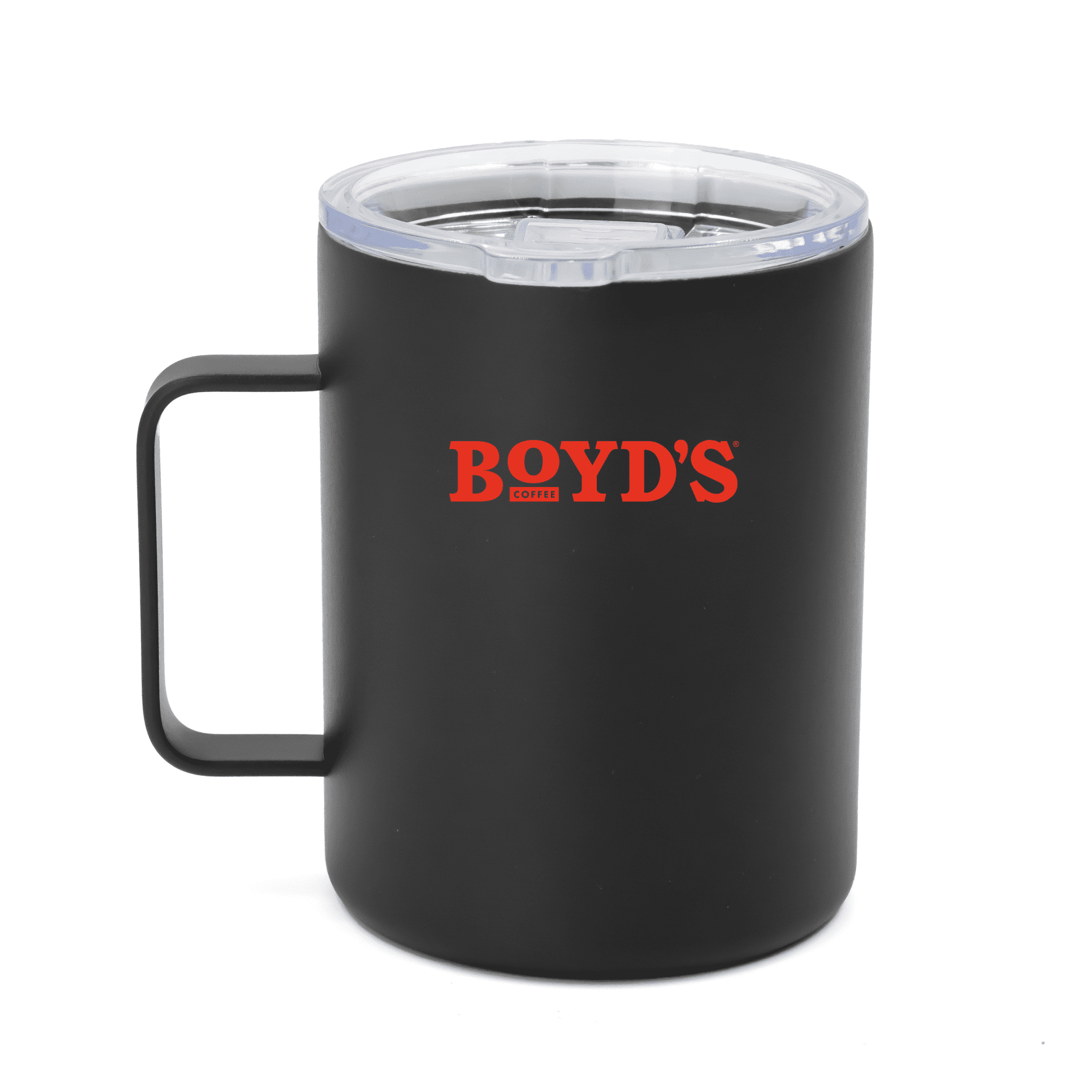 A black travel mug with a clear lid and a handle, featuring a logo on the front.