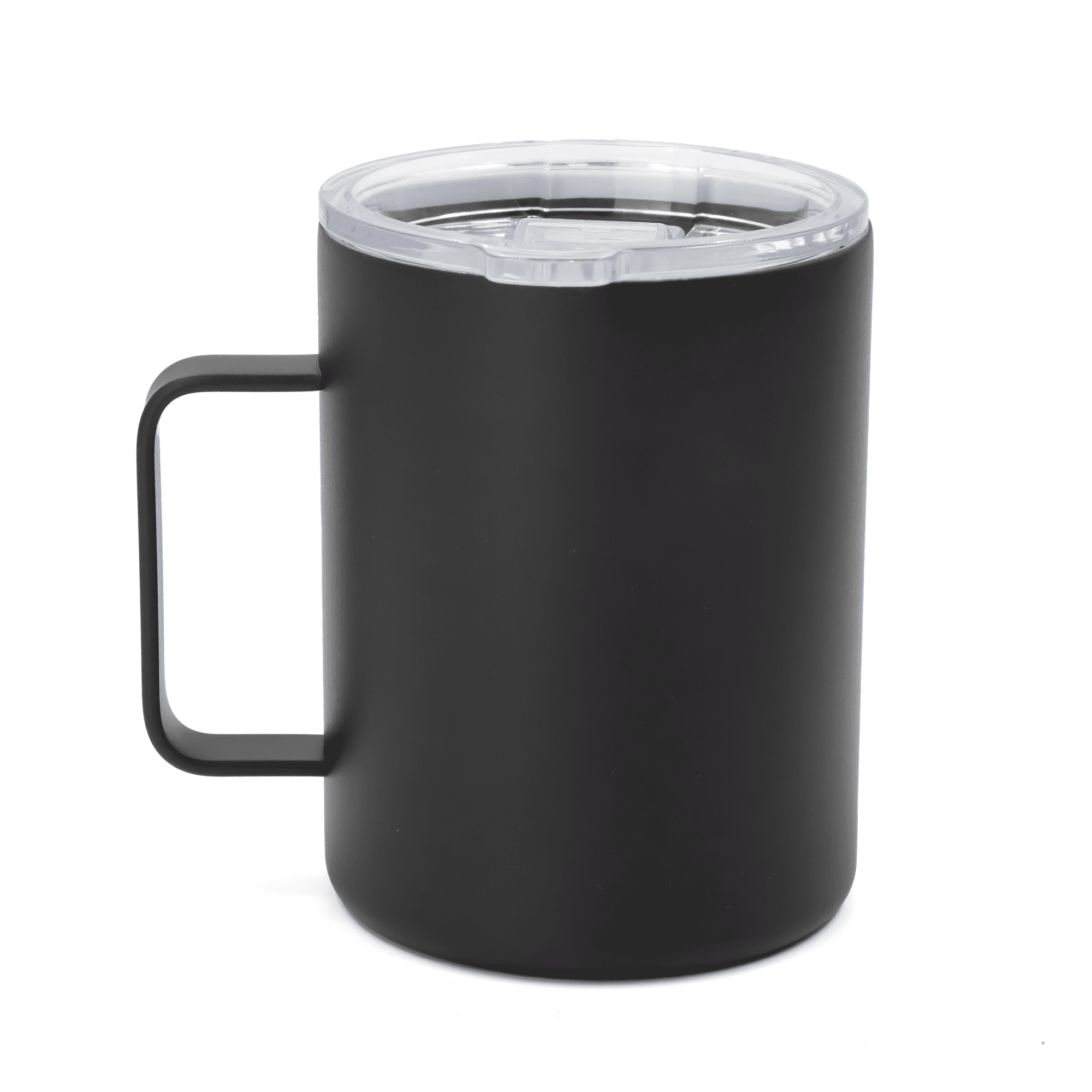 A drink bottle in matte black with a clear lid and a sturdy handle. It features a logo on the side.
