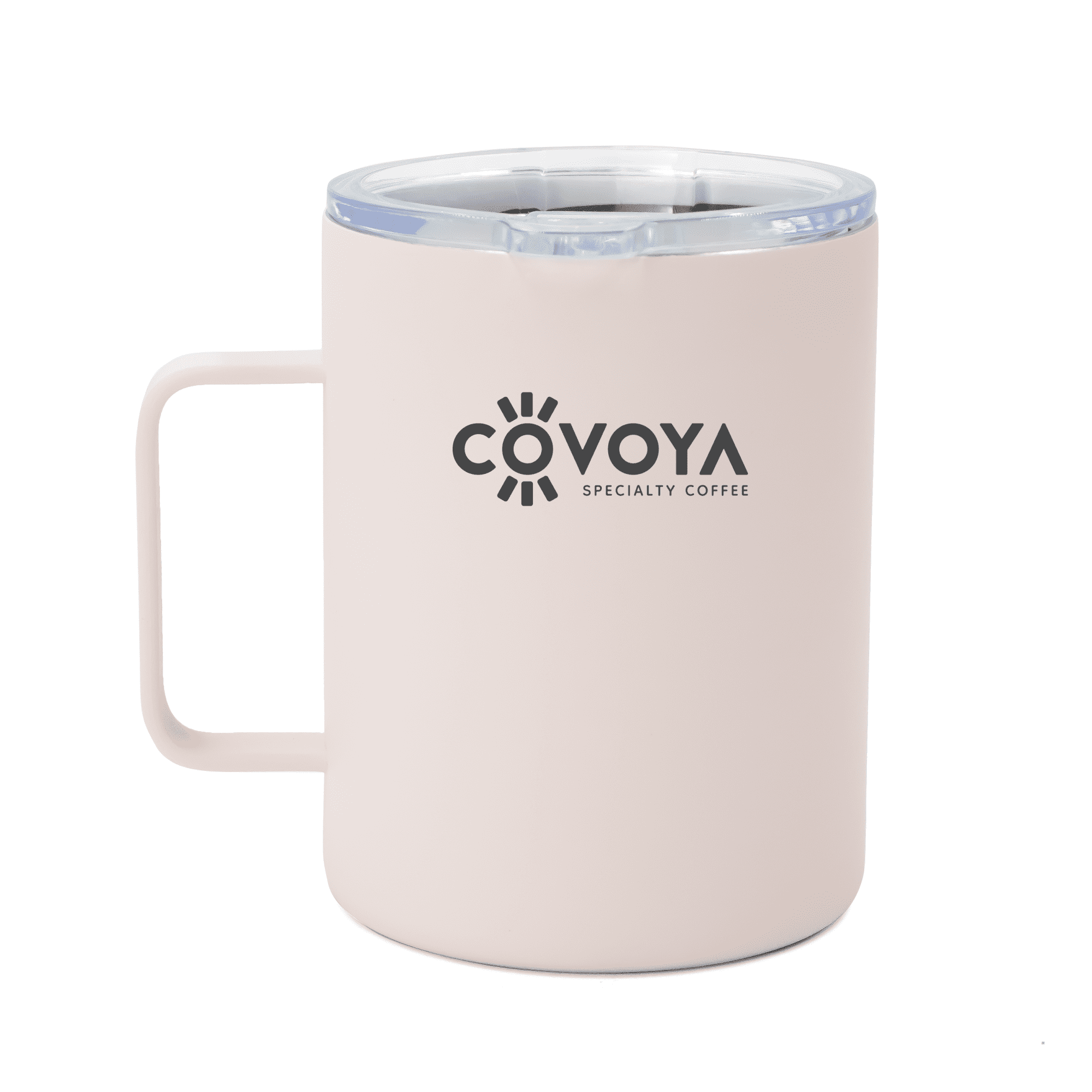 A drink bottle in soft pink with a clear lid and a handle, featuring a logo on the side.